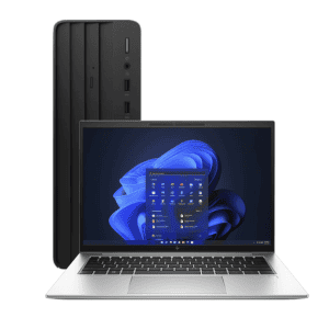 imagem de um notebook em primeiro plano e um desktop em segundo plano, ambos da marca HP