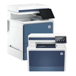 imagem de uma impressora em primeiro plano e uma multifuncional em segundo plano, ambas da marca HP